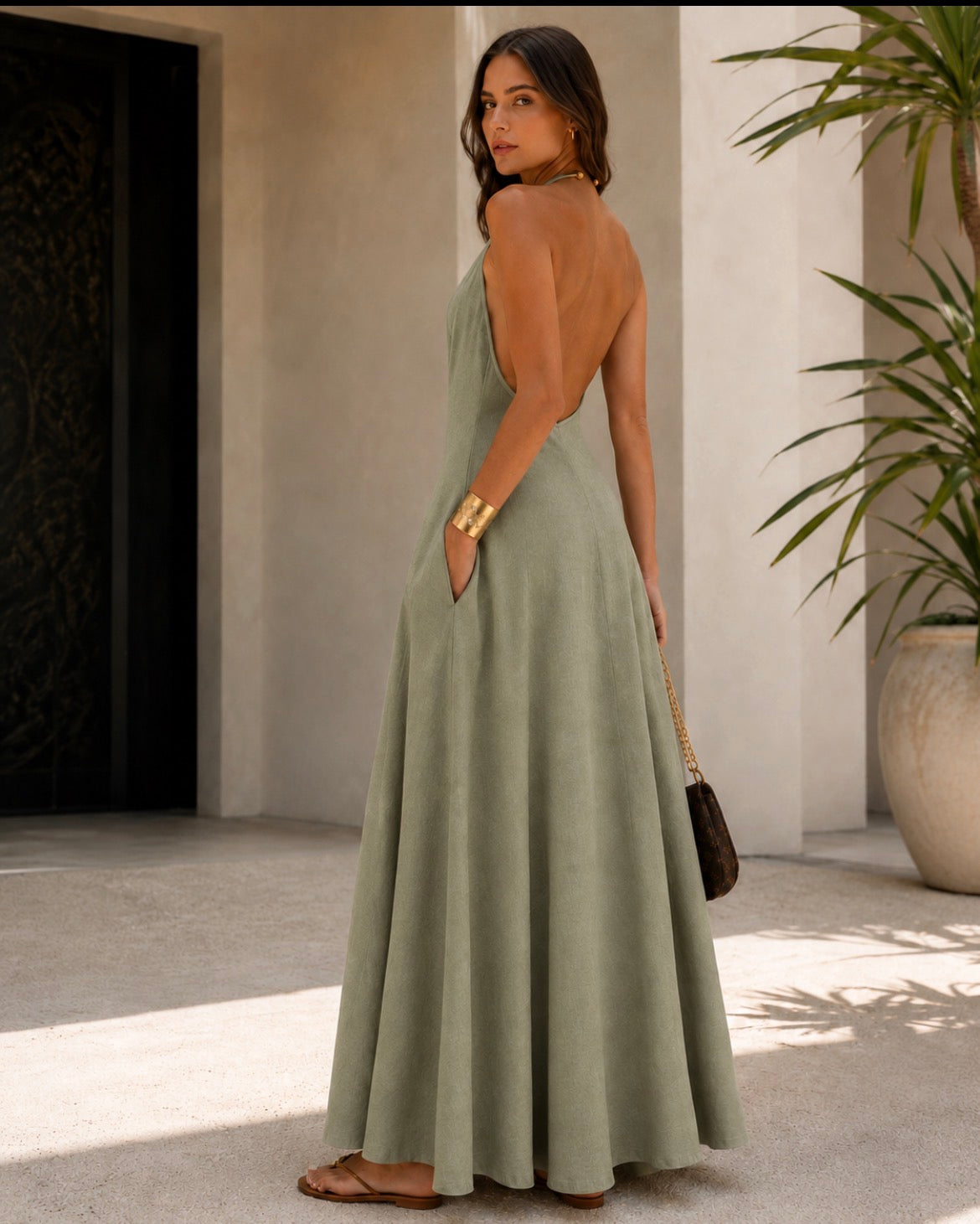 Vestido Largo Halter Verde Oliva - Essence Collection