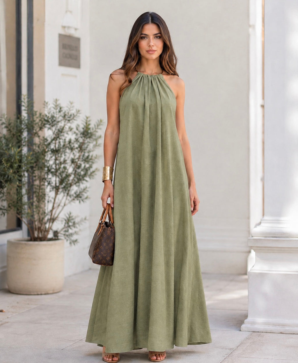 Vestido Largo Halter Verde Oliva - Essence Collection