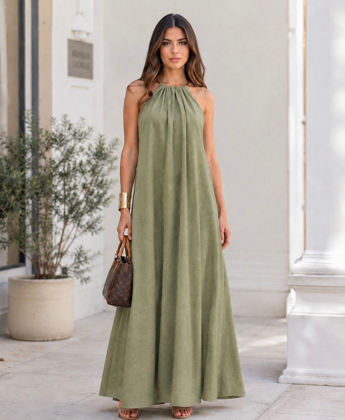 Vestido Largo Halter Verde Oliva - Essence Collection